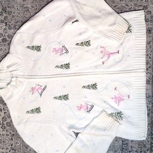 Vintage Winter Ski Ice Skate Tree Embroidered Cream Sweater with Pink and Green